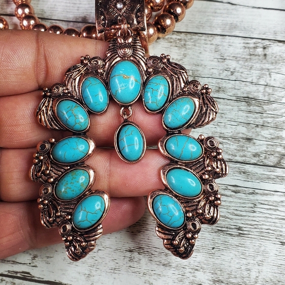 copper turquoise squash blossom necklace - Picture 4 of 5